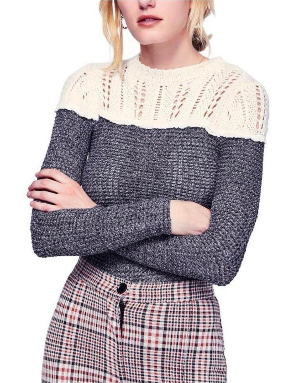 Free People Two-Tone Knit Crewneck Sweater in Cream and Charcoal